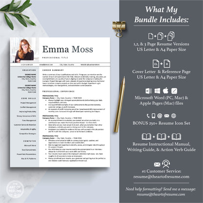 The Art of Resume Templates | Professional Resume CV Template Maker 3, Cover Letter, Reference Page, Mac, PC, A4 Paper, US size, Free Guide, The Art of Resume Writing, 250 Bonus Resume Icons