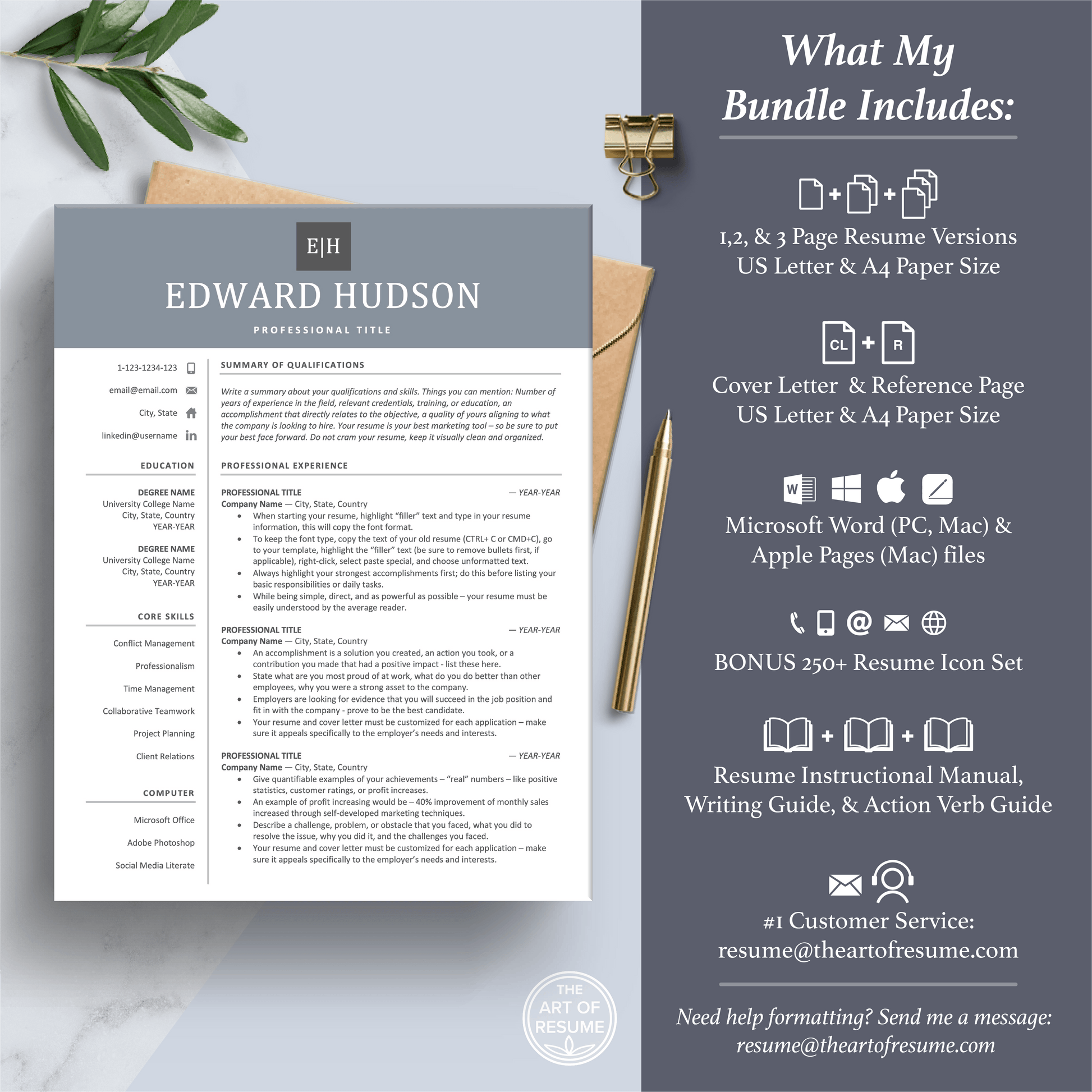 The Art of Resume Templates | Professional Simple Blue Grey Resume CV Template Maker 3, Cover Letter, Reference Page, Mac, PC, A4 Paper, US size, Free Guide, The Art of Resume Writing, 250 Bonus Resume Icons