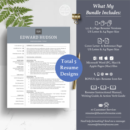 The Art of Resume Templates | Professional Modern Blue  Resume CV Template Maker 3, Cover Letter, Reference Page, Mac, PC, A4 Paper, US size, Microsoft Word. Apple Pages, Google Docs, Chromebook