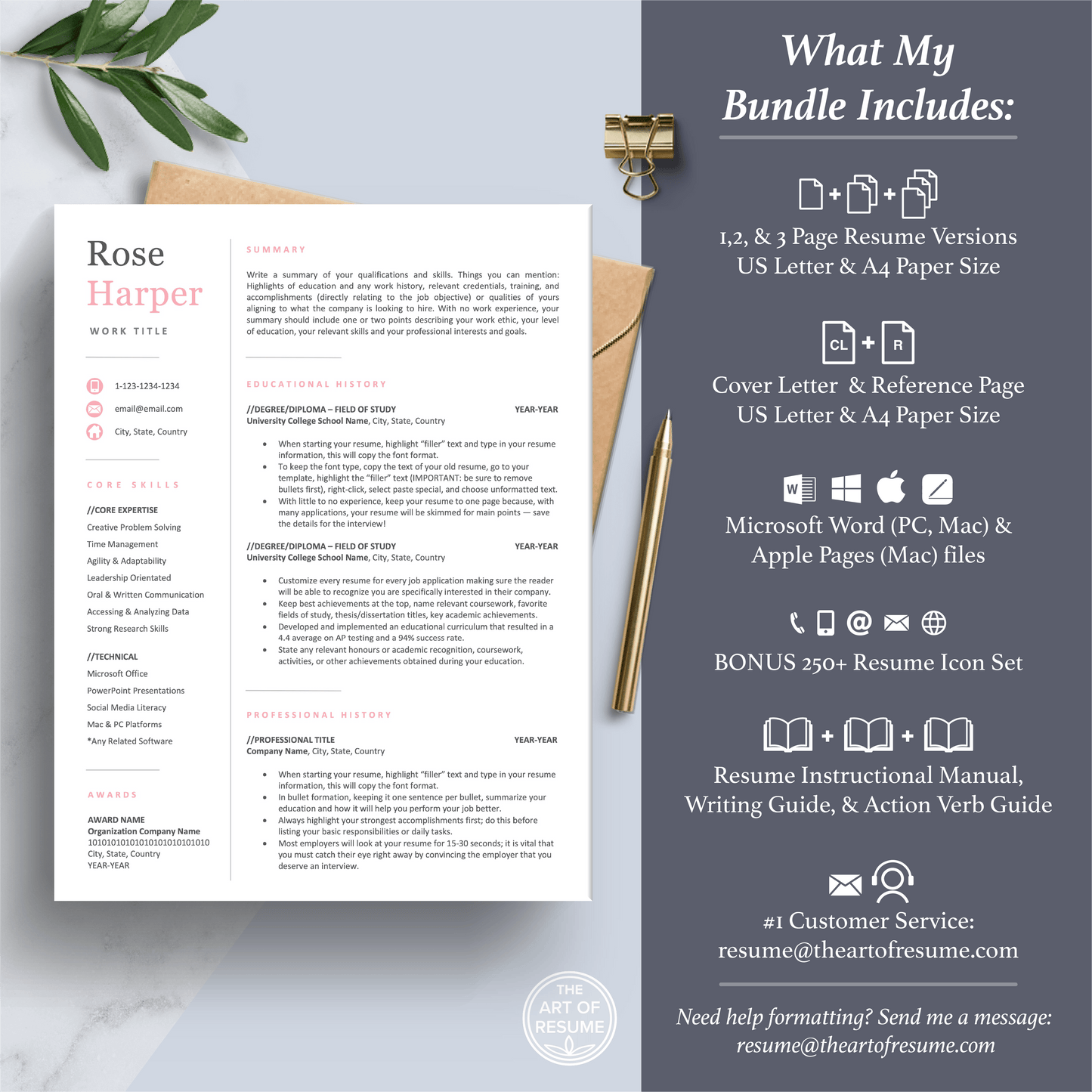 The Art of Resume Templates | Student Graduate  Resume CV Template Maker 3, Cover Letter, Reference Page, Mac, PC, A4 Paper, US size, Free Guide, The Art of Resume Writing, 250 Bonus Resume Icons
