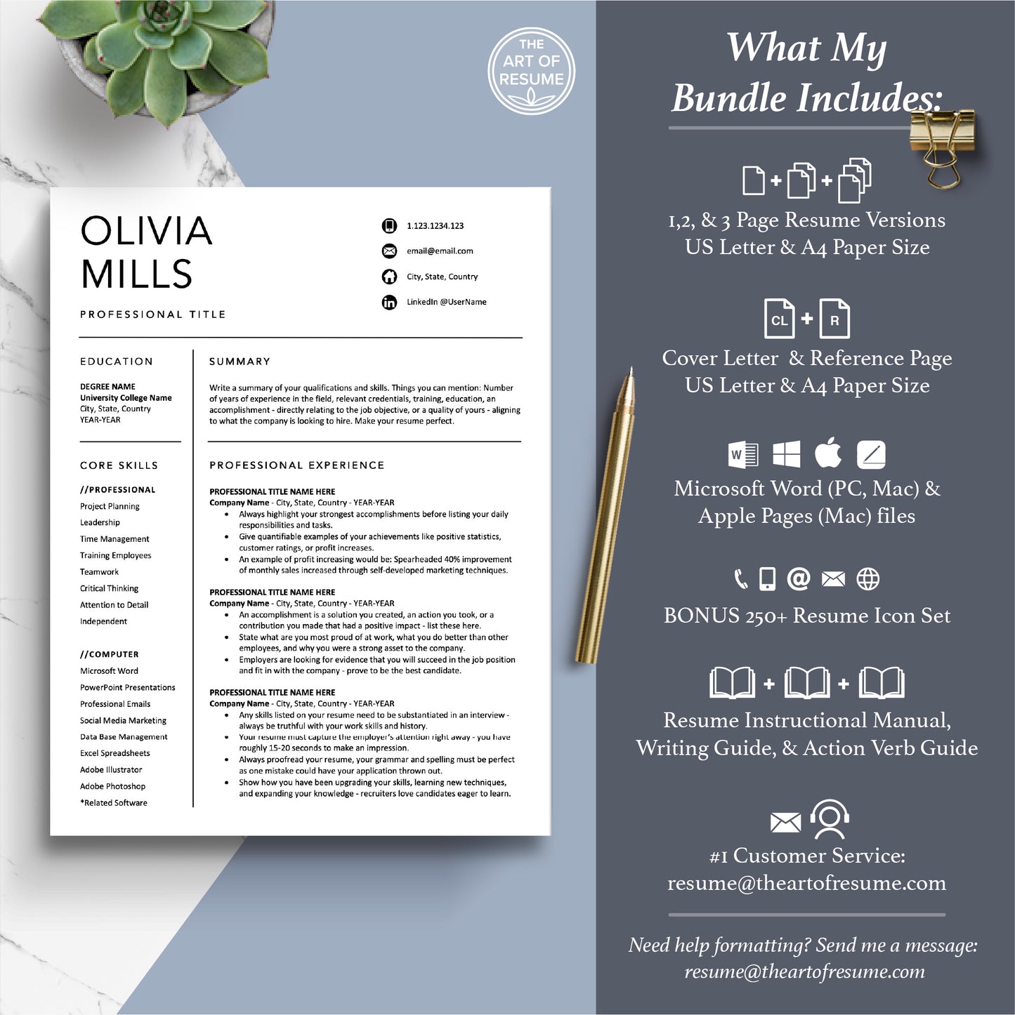 The Art of Resume Templates | Professional Simple Resume CV Template Maker 3, Cover Letter, Reference Page, Mac, PC, A4 Paper, US size, Microsoft Word. Apple Pages, Google Docs, Chromebook