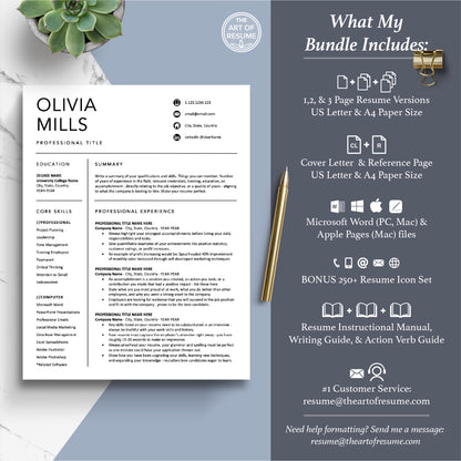 The Art of Resume Templates | Professional Simple Resume CV Template Maker 3, Cover Letter, Reference Page, Mac, PC, A4 Paper, US size, Microsoft Word. Apple Pages, Google Docs, Chromebook