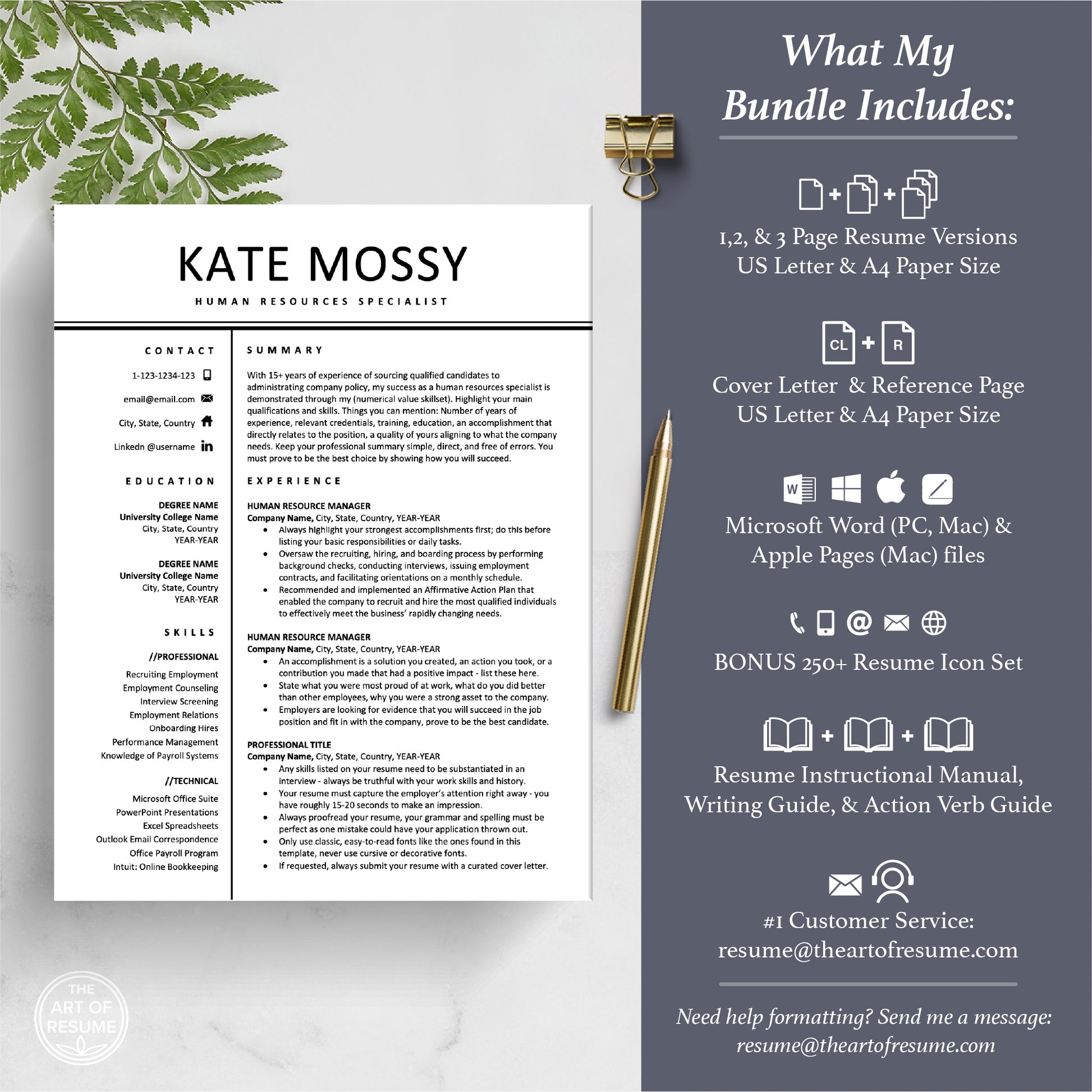 The Art of Resume Templates | Professional HR Human Resources  Resume CV Template Maker 3, Cover Letter, Reference Page, Mac, PC, A4 Paper, US size, Microsoft Word. Apple Pages, Google Docs, Chromebook