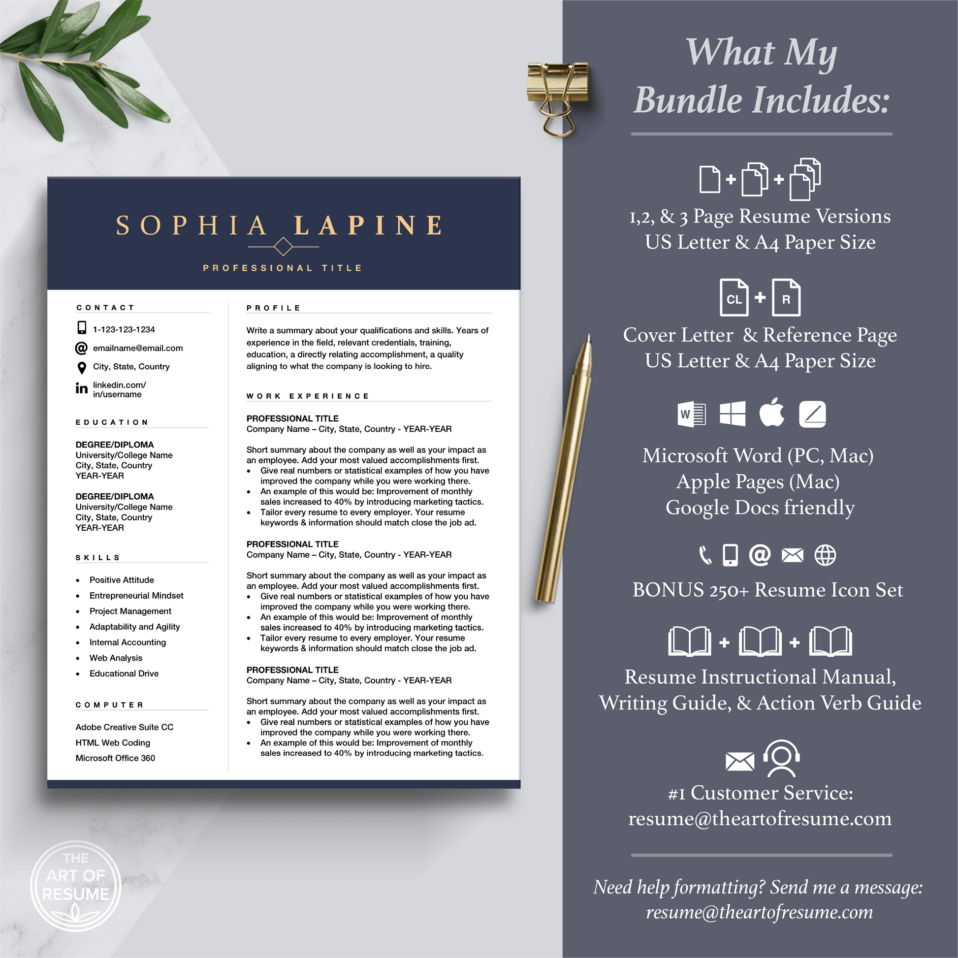 The Art of Resume Templates | Professional Navy Blue Resume CV Template Includes 3 Editable Resume Templates, Cover Letter, Reference Page, Mac, PC, A4 Paper, US size, Free Guide, The Art of Resume Writing, 250 Bonus Resume Icons