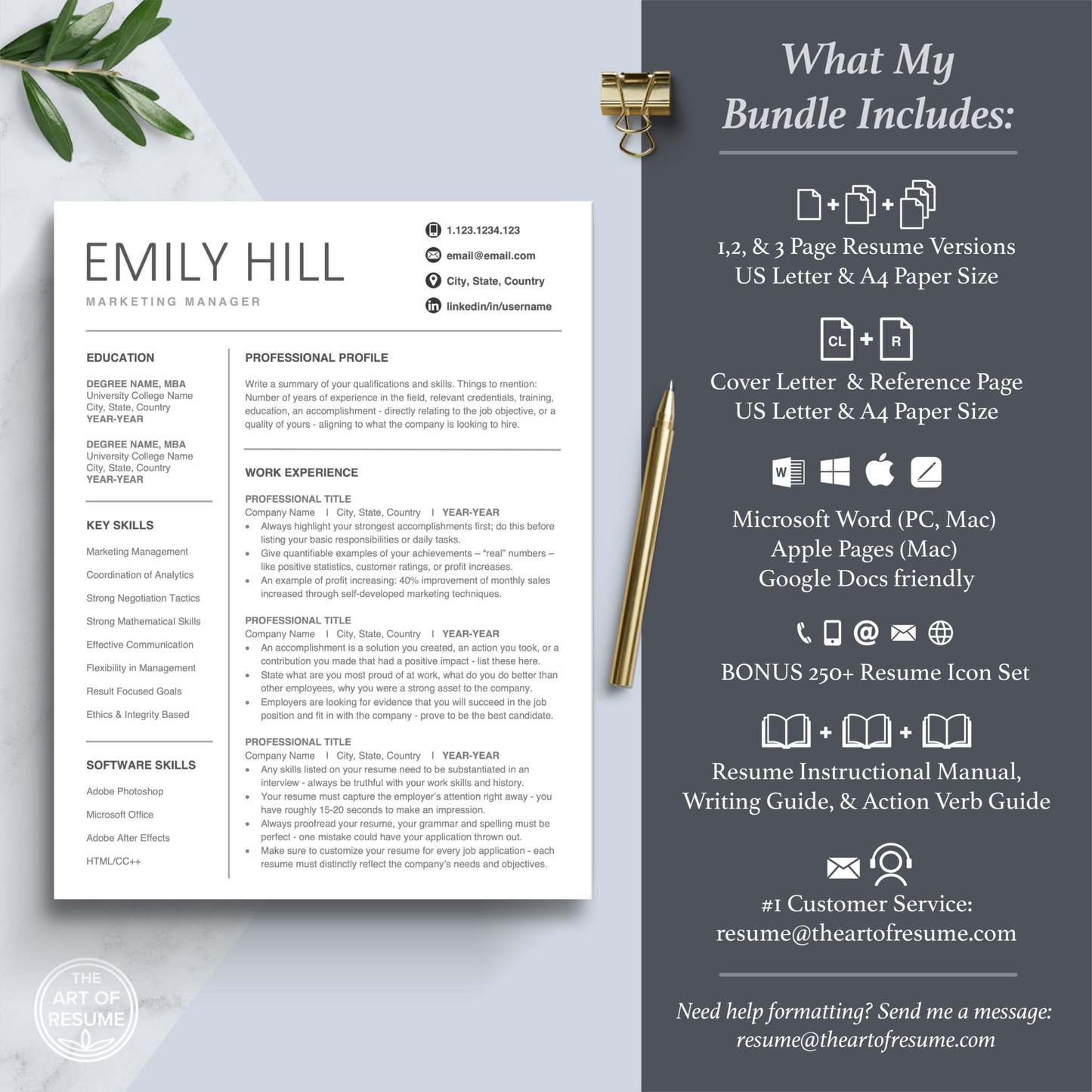 Professional Resume Bundle includes 3 Resume Designs, Cover Letter, Reference Page, Word, Pages, Google Docs, Mac, PC, A4 Paper, US Letter size, The Art of Resume Writing Guide, Resume Instructional Manual, Action Verb Guides, Best Customer Service, Free 250 Resume Icons