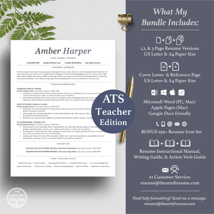 The Art of Resume Templates | ATS-Friendly Teacher Educator   Resume CV Template Maker 3, Cover Letter, Reference Page, Mac, PC, A4 Paper, US size, Microsoft Word. Apple Pages, Google Docs, Chromebook
