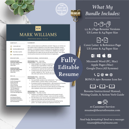 The Art of Resume Templates | Professional Modern Resume CV Template Maker 3, Cover Letter, Reference Page, Mac, PC, A4 Paper, US size, Microsoft Word. Apple Pages, Google Docs, Chromebook