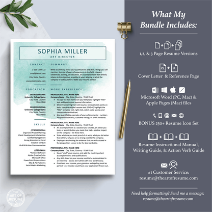 The Art of Resume Templates |  Creative Teal Blue Watercolor Resume CV Template Includes 3 Editable Resume Templates, Cover Letter, Reference Page, Mac, PC, A4 Paper, US size, Free Guide, The Art of Resume Writing, 250 Bonus Resume Icons