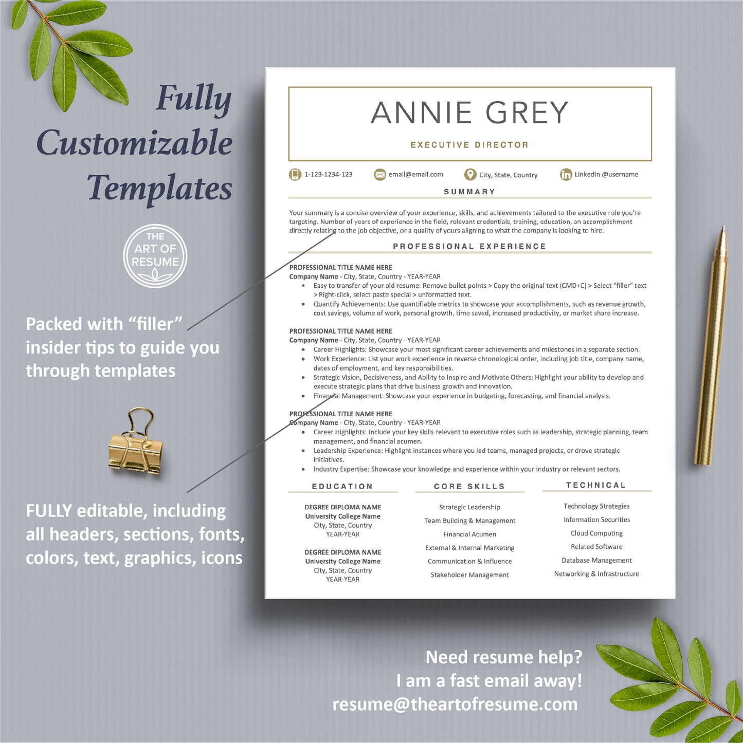 he Art of Resume Templates | One Page Simple white and gold Resume CV Design Template Maker | Curriculum Vitae