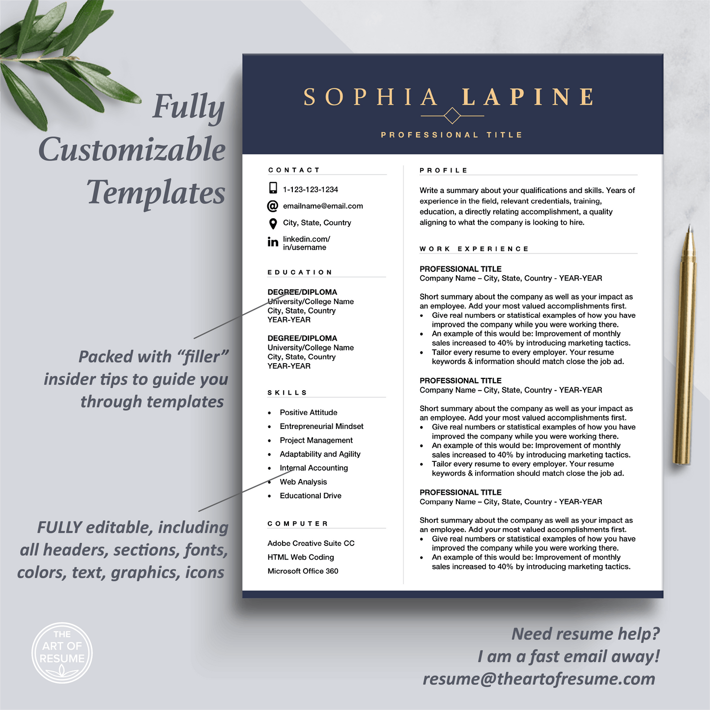 The Art of Resume Templates | One Page Professional Navy Blue Professional Resume CV Design Template Maker | Curriculum Vitae