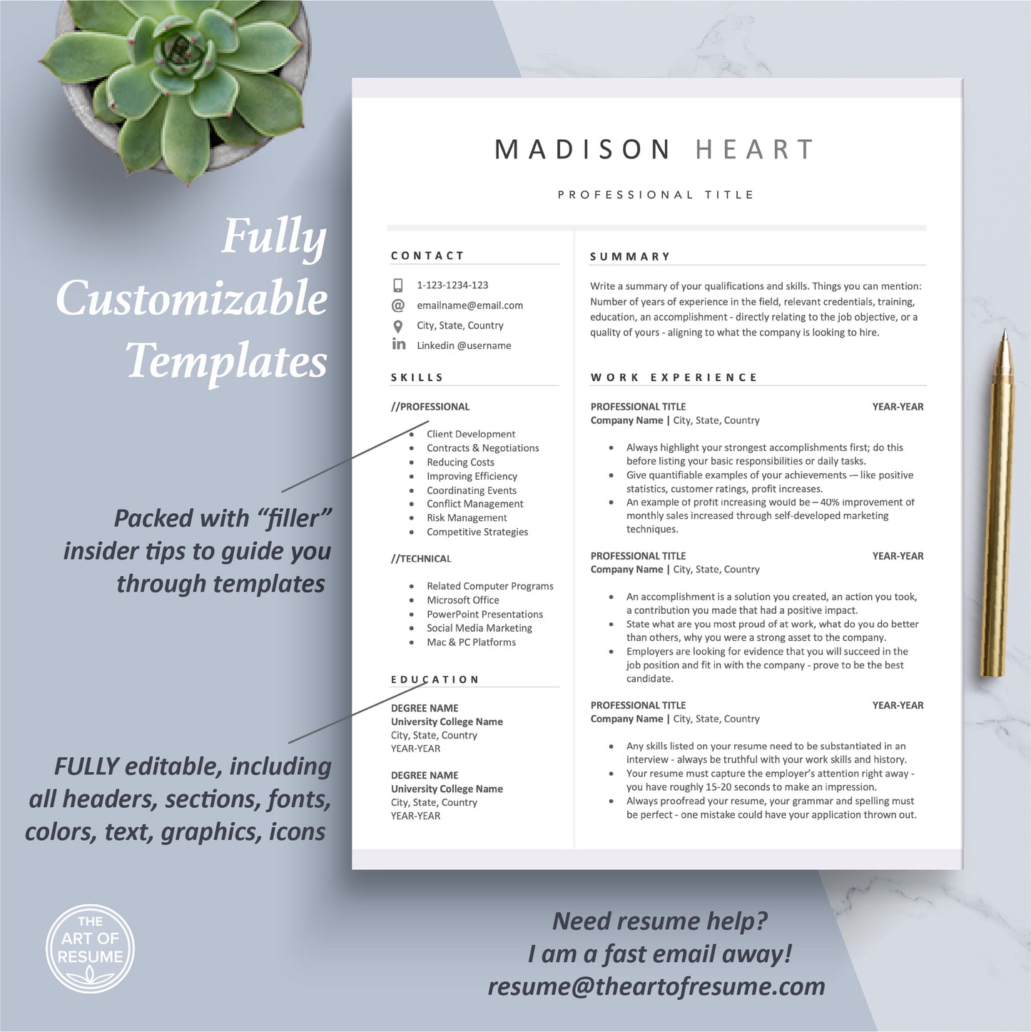 The Art of Resume Templates | One Page Professional Modern Resume CV Design Template Maker | Curriculum Vitae
