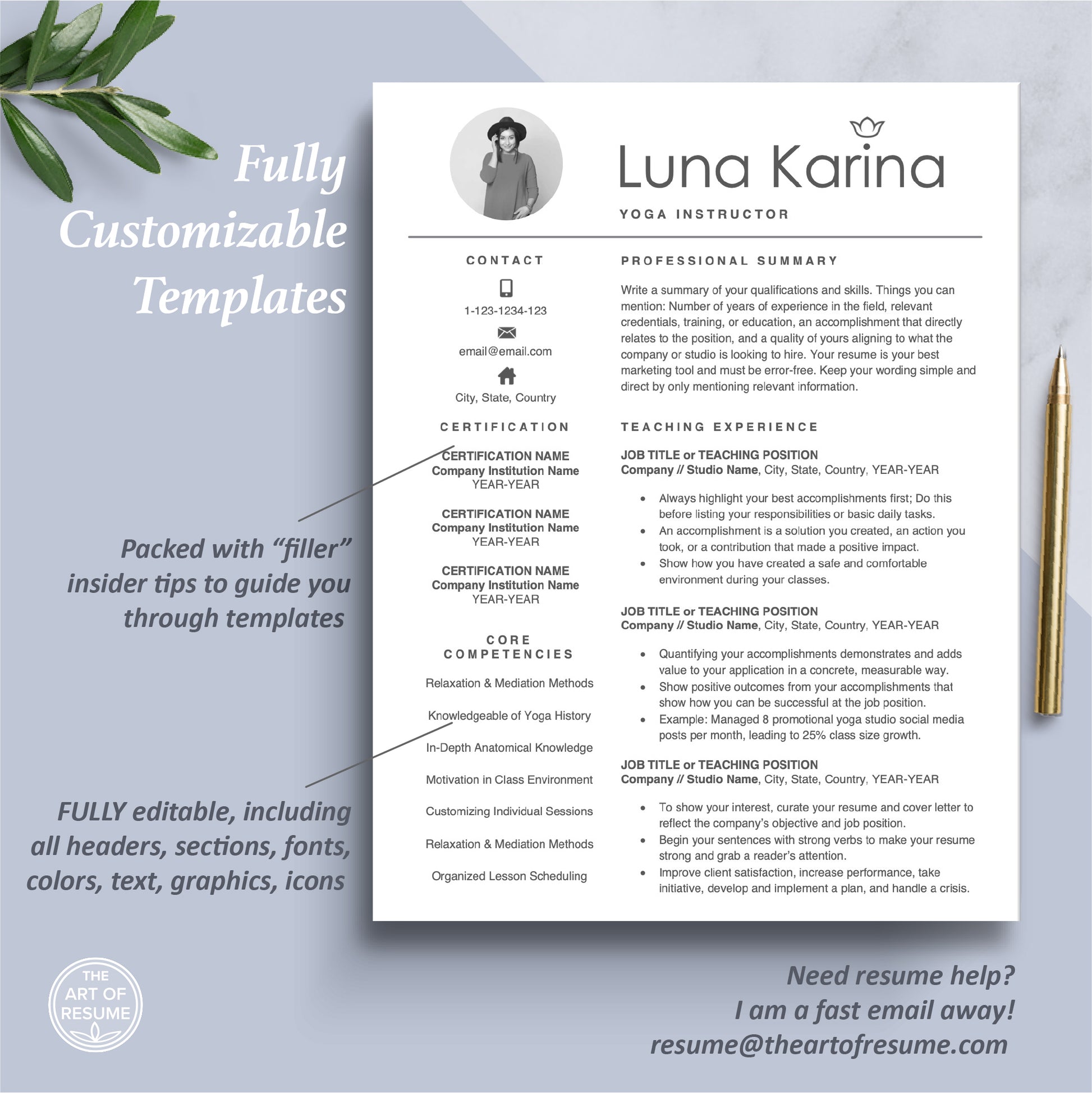 The Art of Resume Templates | One Page Yoga Teacher Resume CV Design Template Maker | Curriculum Vitae