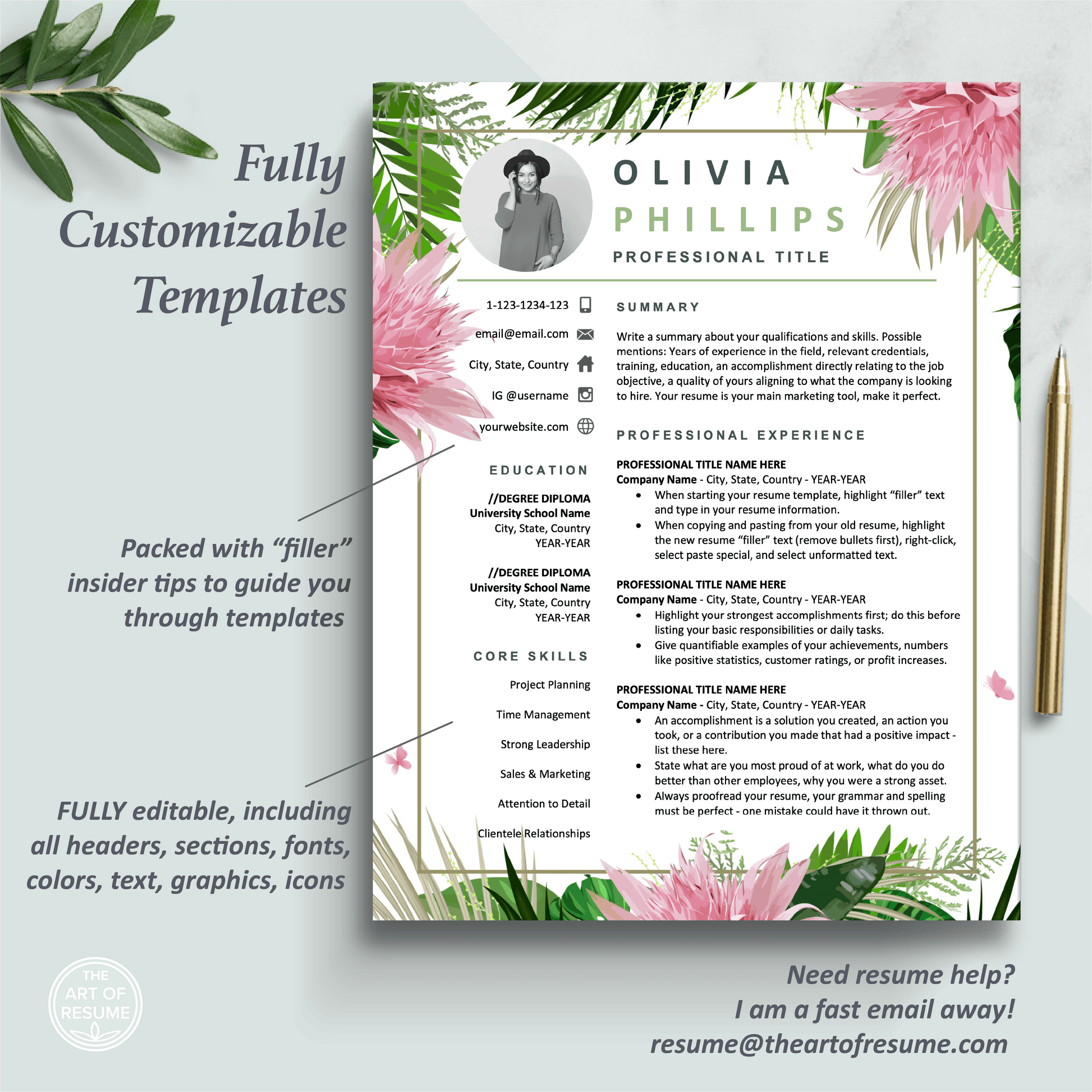 The Art of Resume Templates | One-Page Creative Pink Floral Resume CV Design Template Maker | Curriculum Vitae