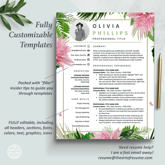 Floral Resume Template Builder | Creative CV with Cove Letter – The Art ...
