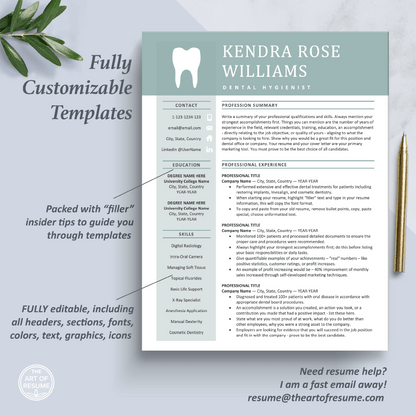 The Art of Resume Templates | One Page Dentist, Hygienist, Dental Student, Assistant Resume CV Design Template Maker | Curriculum Vitae