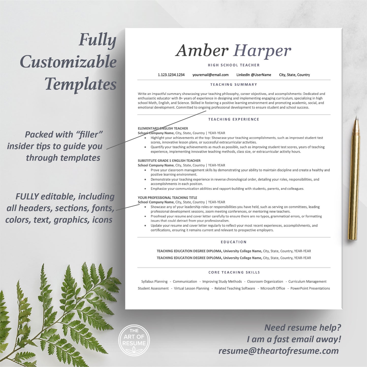 The Art of Resume Templates | One Page ATS-Friendly Teacher Educator   Resume CV Design Template Maker | Curriculum Vitae
