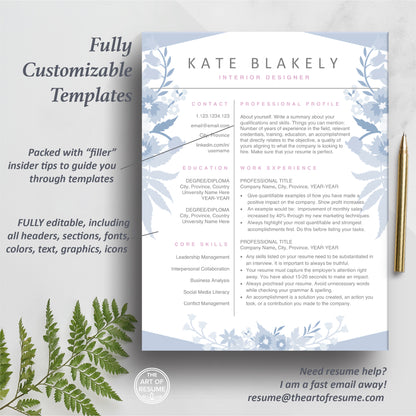 The Art of Resume | Blue Floral Resume Template Design | One Page Resume Format