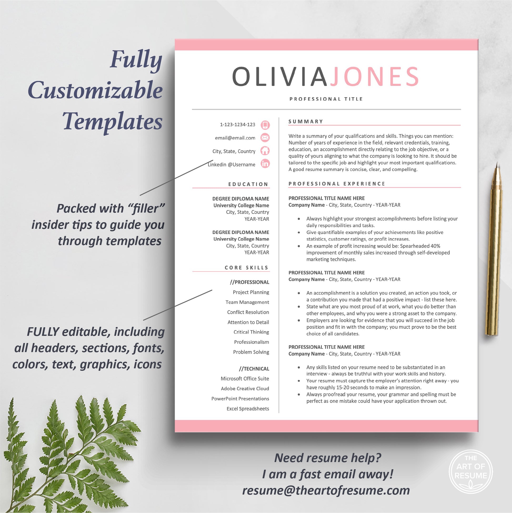 The Art of Resume Templates | One Page Pink Simple Resume CV Design Template Maker | Curriculum Vitae