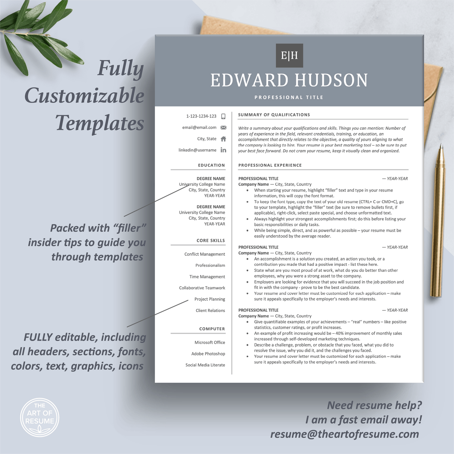 The Art of Resume Templates | One Page Professional Simple Blue Grey Resume CV Design Template Maker | Curriculum Vitae