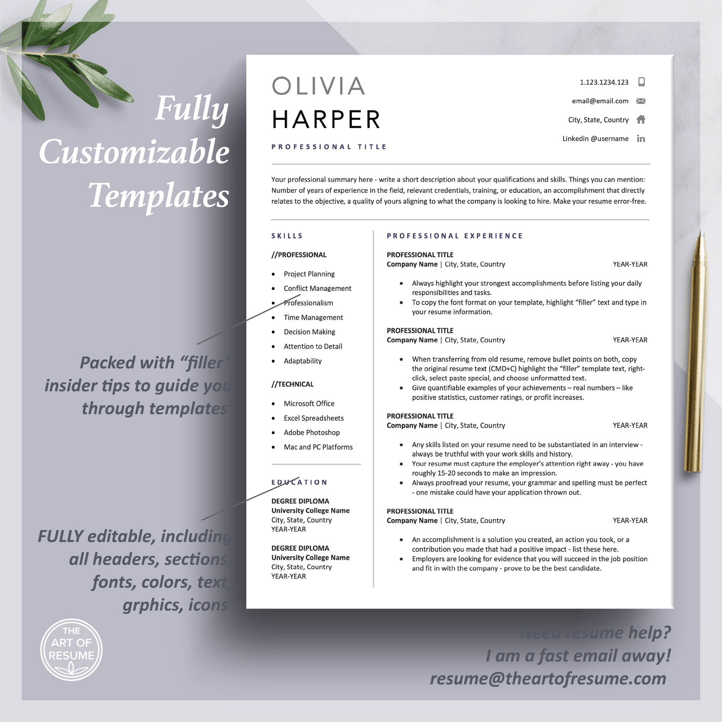 Executive Resume Template | Simple Professional CV Template | Free Cover Letter
