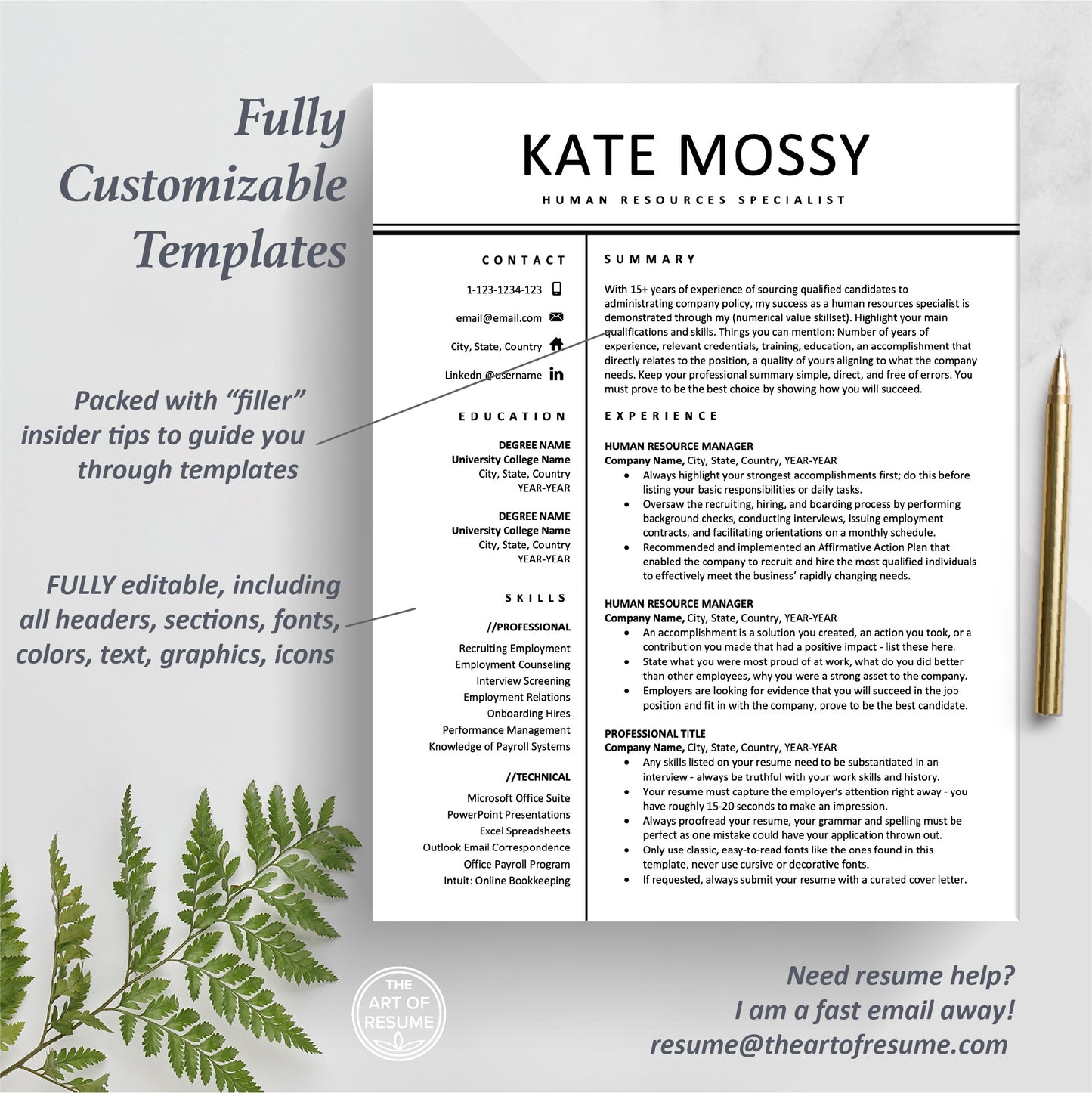 The Art of Resume Templates | One Page Professional HR Human Resources Resume CV Design Template Maker | Curriculum Vitae
