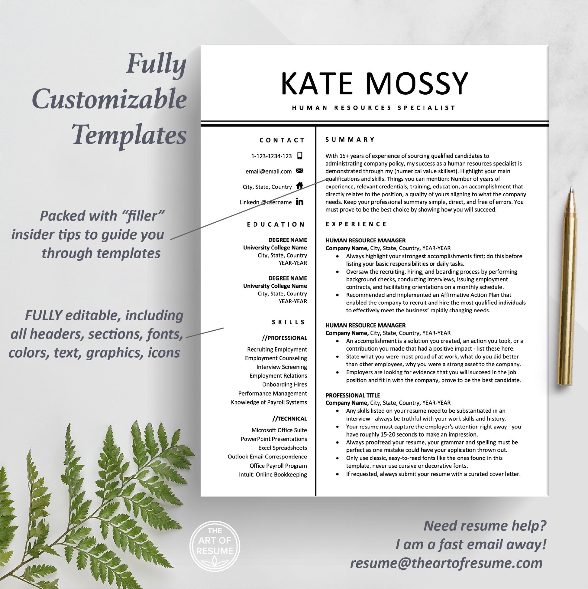 The Art of Resume Templates | One Page Professional HR Human Resources Resume CV Design Template Maker | Curriculum Vitae
