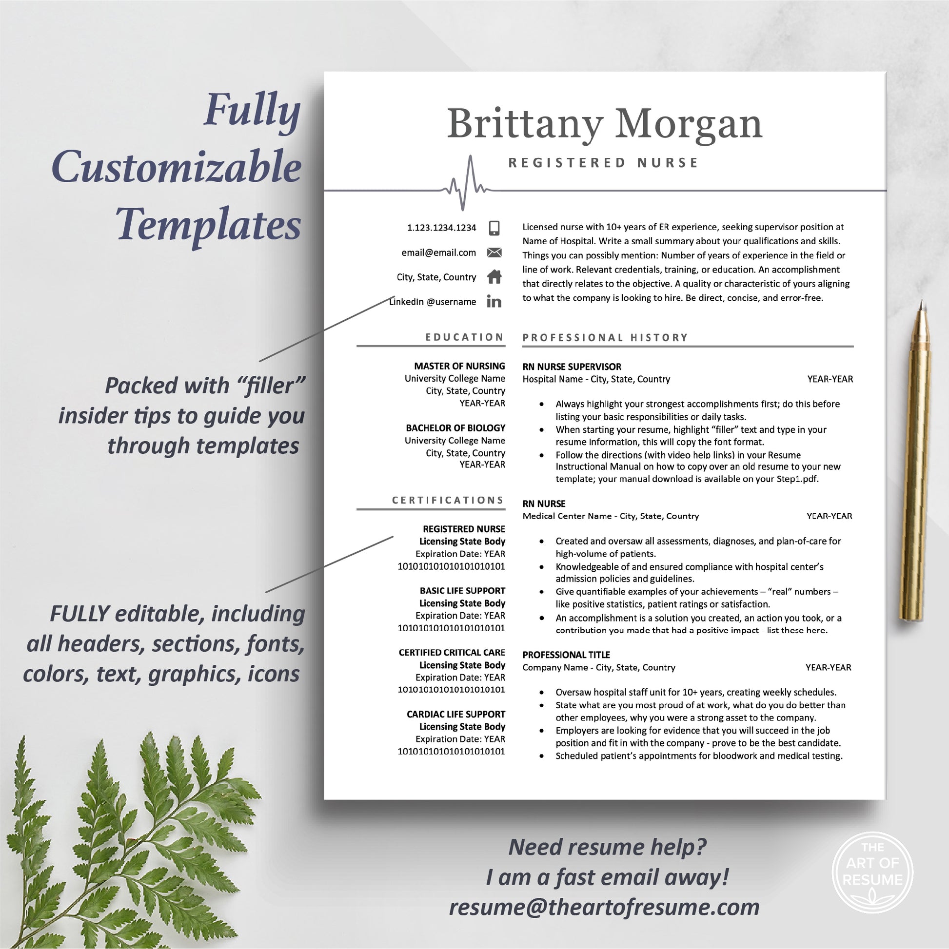 One Page Resume, The Art of Resume, Modern Medical Nurse  Doctor Resume CV Template for RN Nurse, Resident Student, Medical Assistant, Physician with Cover Letter, Reference Page, Social Media Icons