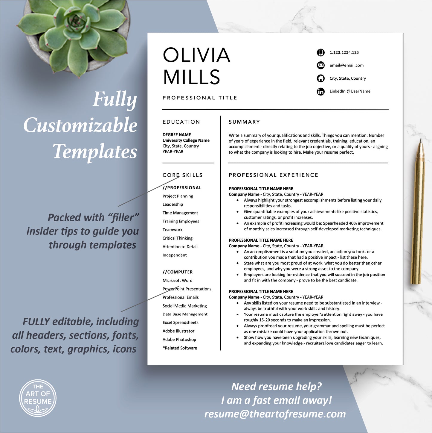 The Art of Resume Templates | One Page Professional Simple Resume CV Design Template Maker | Curriculum Vitae