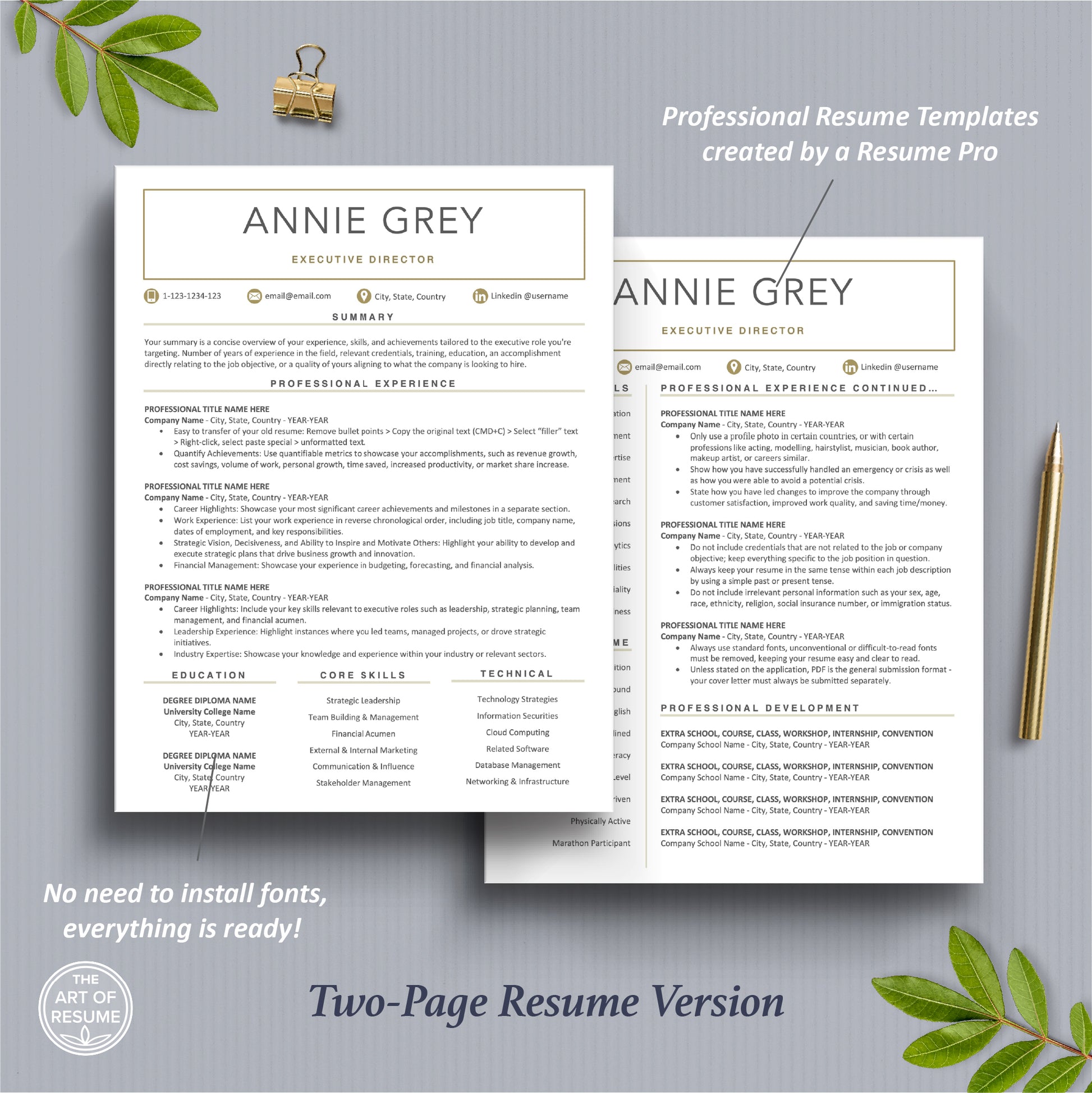The Art of Resume Templates | Two Page white and gold  Executive Resume CV Template | Curriculum Vitae