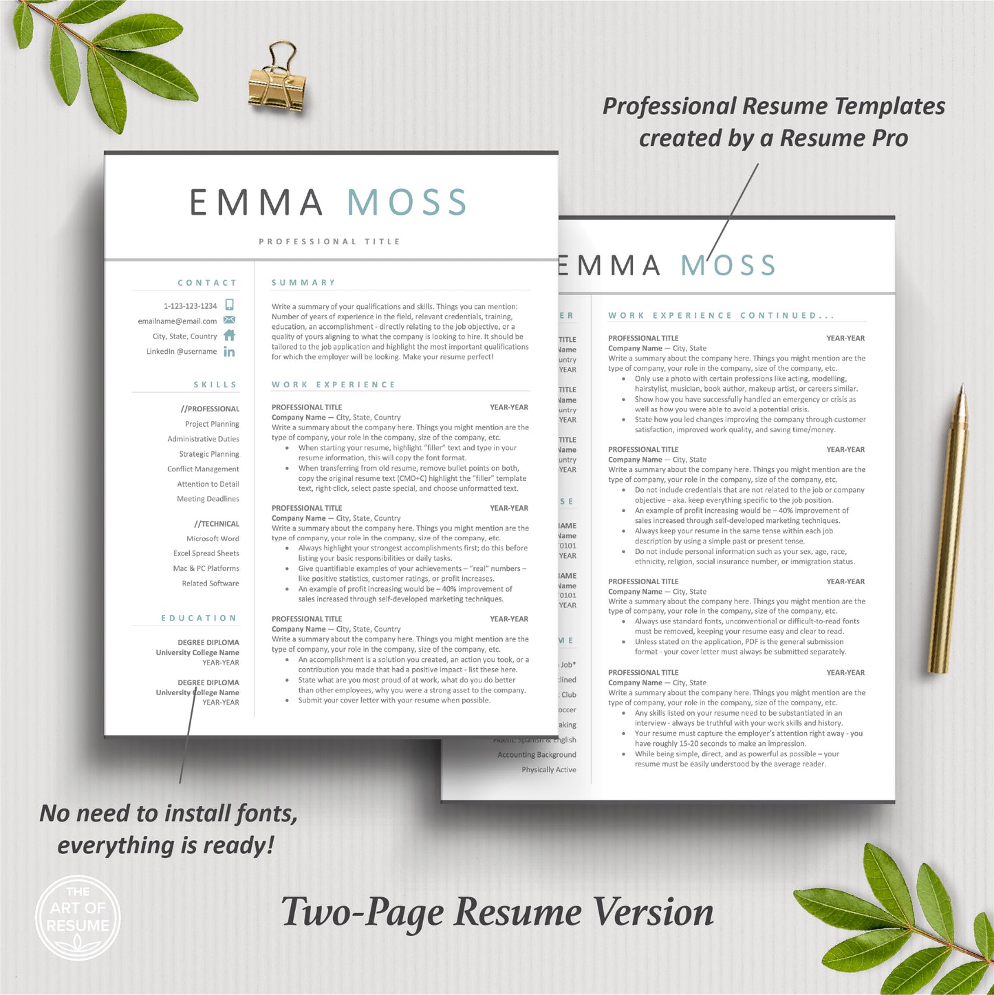 The Art of Resume Templates | Two Page Simple Teal Blue  Executive Resume CV Template | Curriculum Vitae
