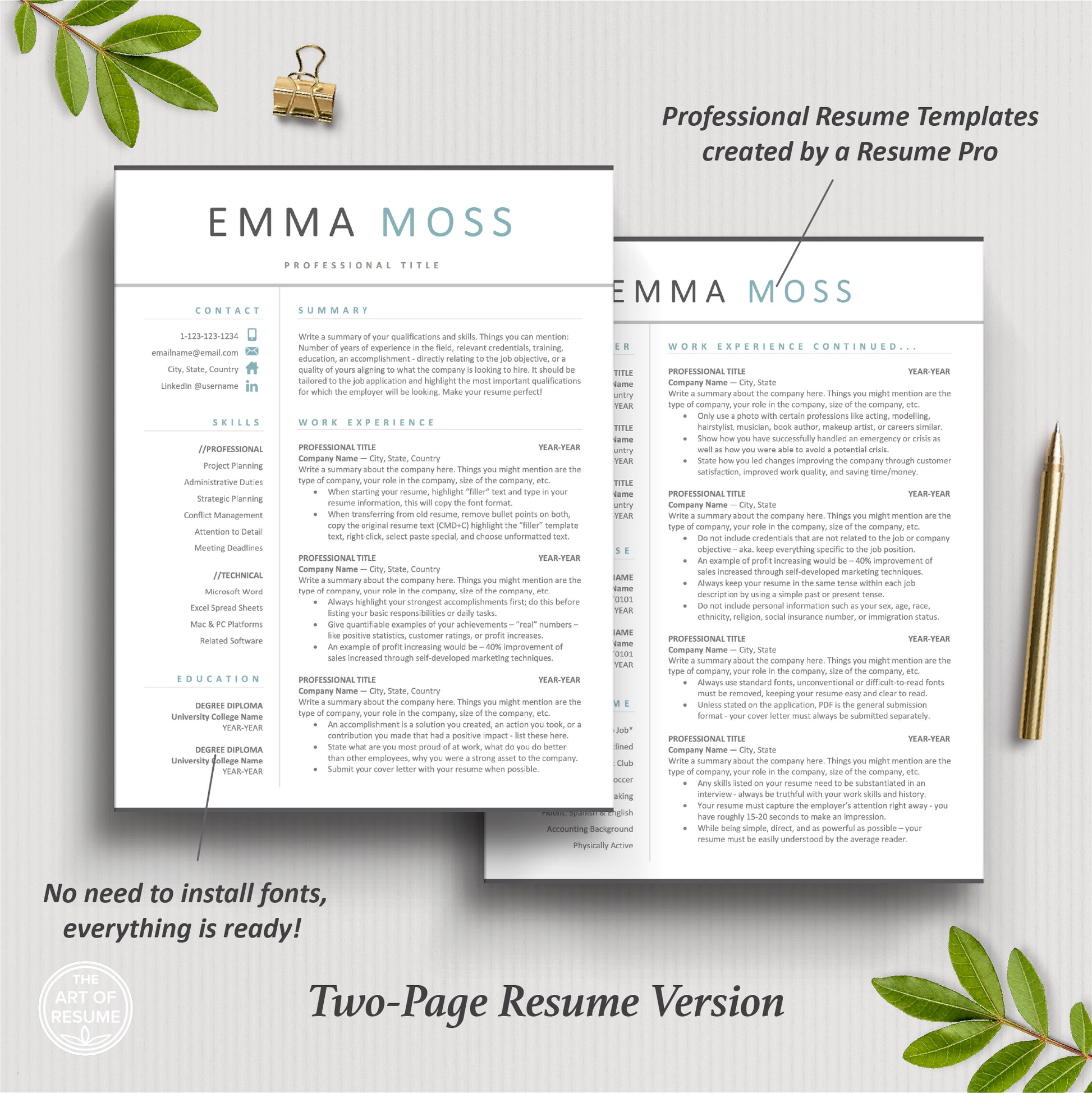 The Art of Resume Templates | Two Page Simple Teal Blue  Executive Resume CV Template | Curriculum Vitae
