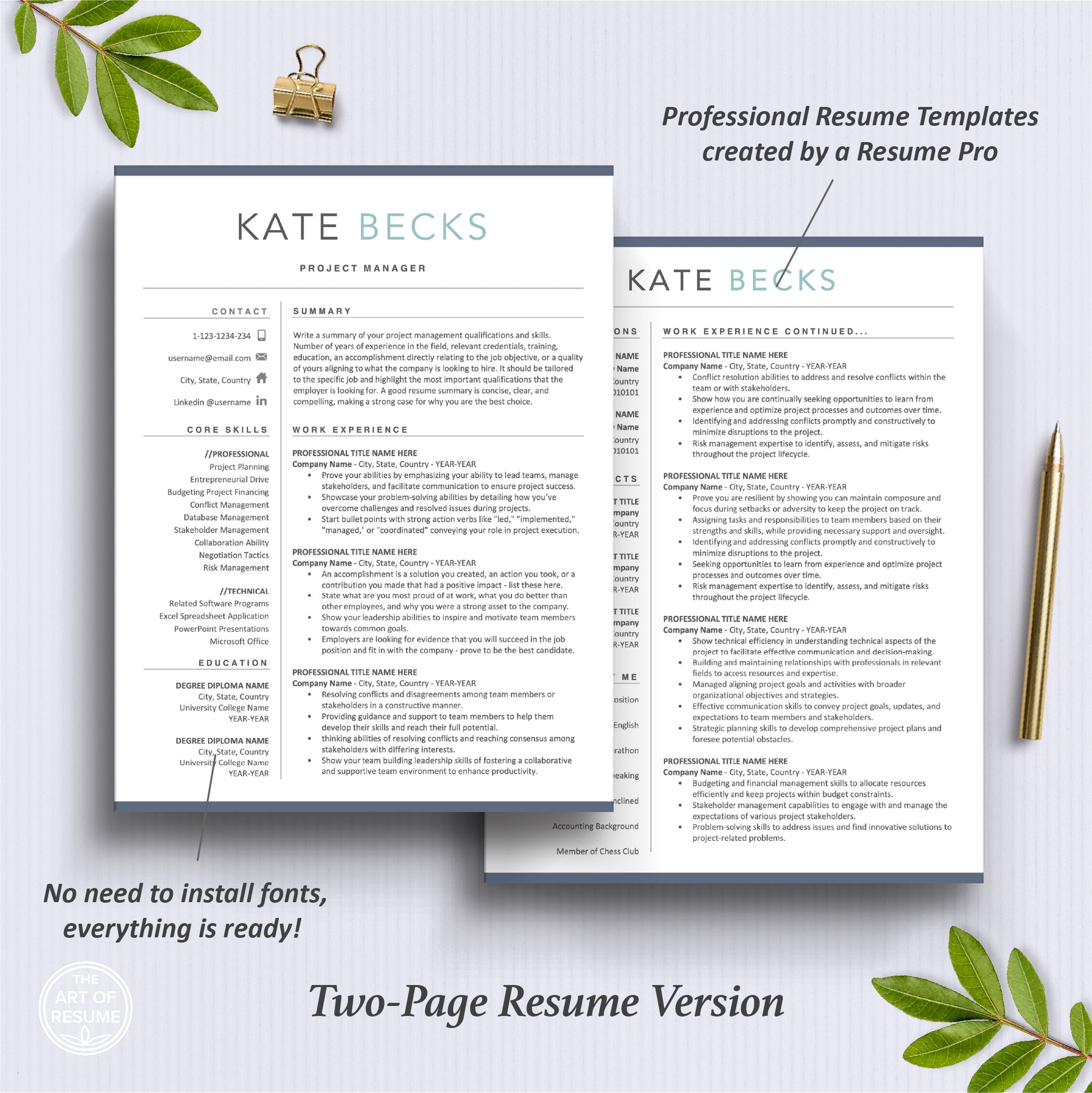 The Art of Resume Templates | Two Page Professional Modern Executive Resume CV Template | Curriculum Vitae

