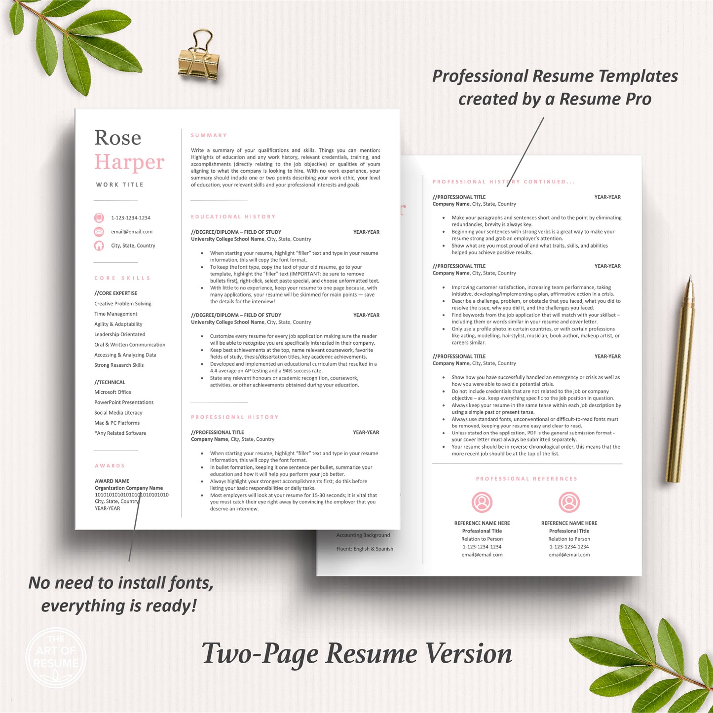The Art of Resume Templates | Two Page Pink  Professional Modern Executive Resume CV Template | Curriculum Vitae