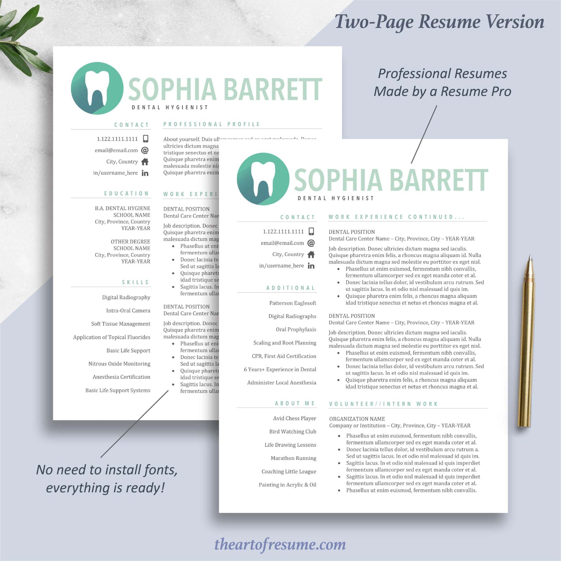 Two-Page One-Page Medical, Nurse, Doctor, Med Student Resume CV Design Template Bundle, Instant Download Bundle for Apple Pages and Microsoft Word, Mac and PC
