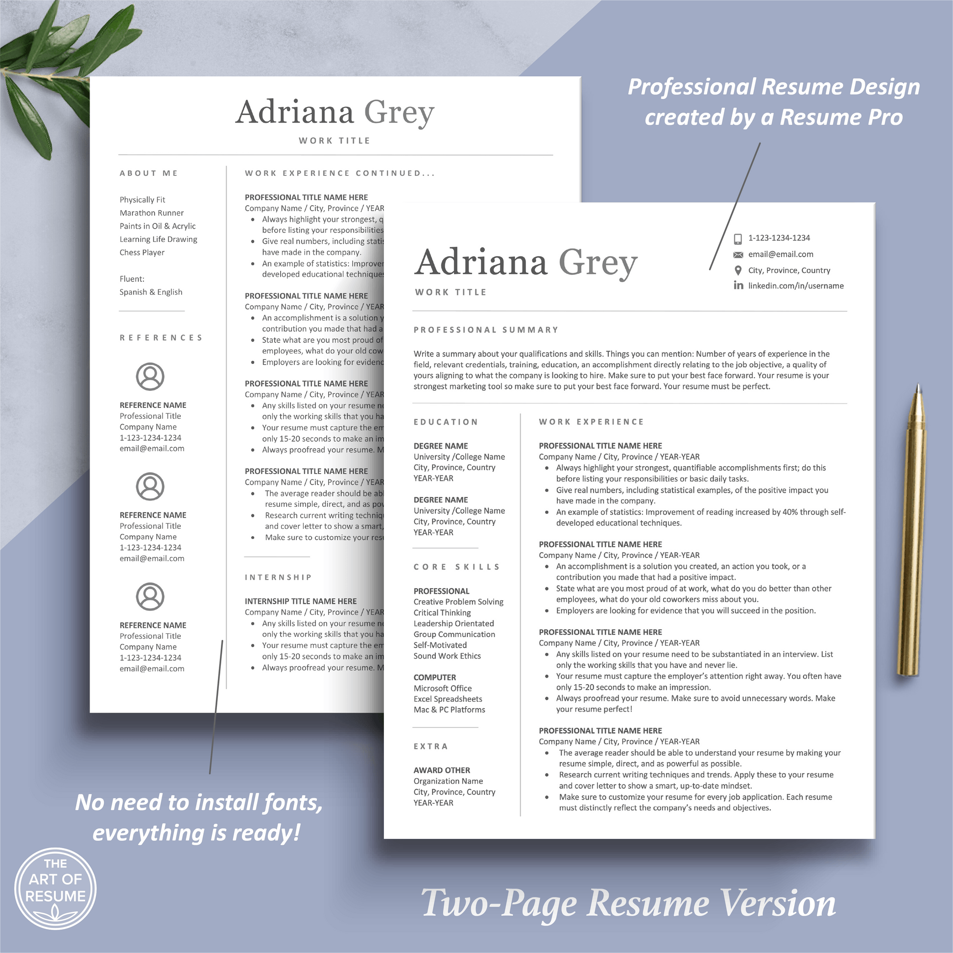 The Art of Resume Templates | Two-Page Modern Executive Resume CV Design Template Builder Maker | Curriculum Vitae