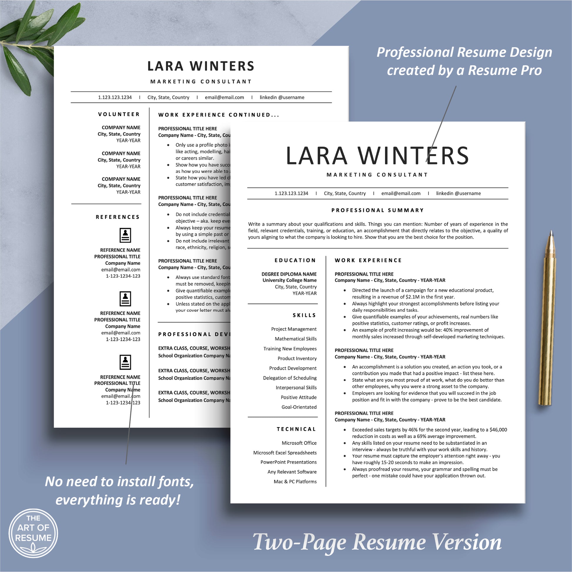 The Art of Resume Templates | Two Page  Professional Simple Executive Resume CV Template | Curriculum Vitae