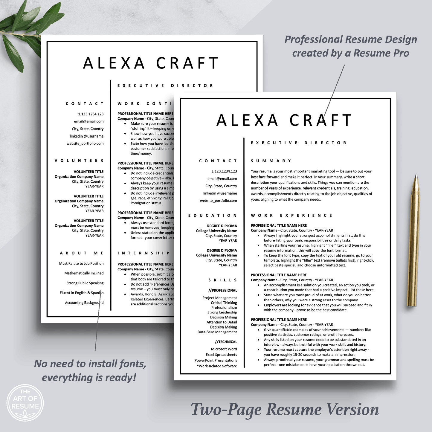 Two-Page Simple Resume Design Template Bundle, Instant Download Bundle for Apple Pages and Microsoft Word, Mac and PC