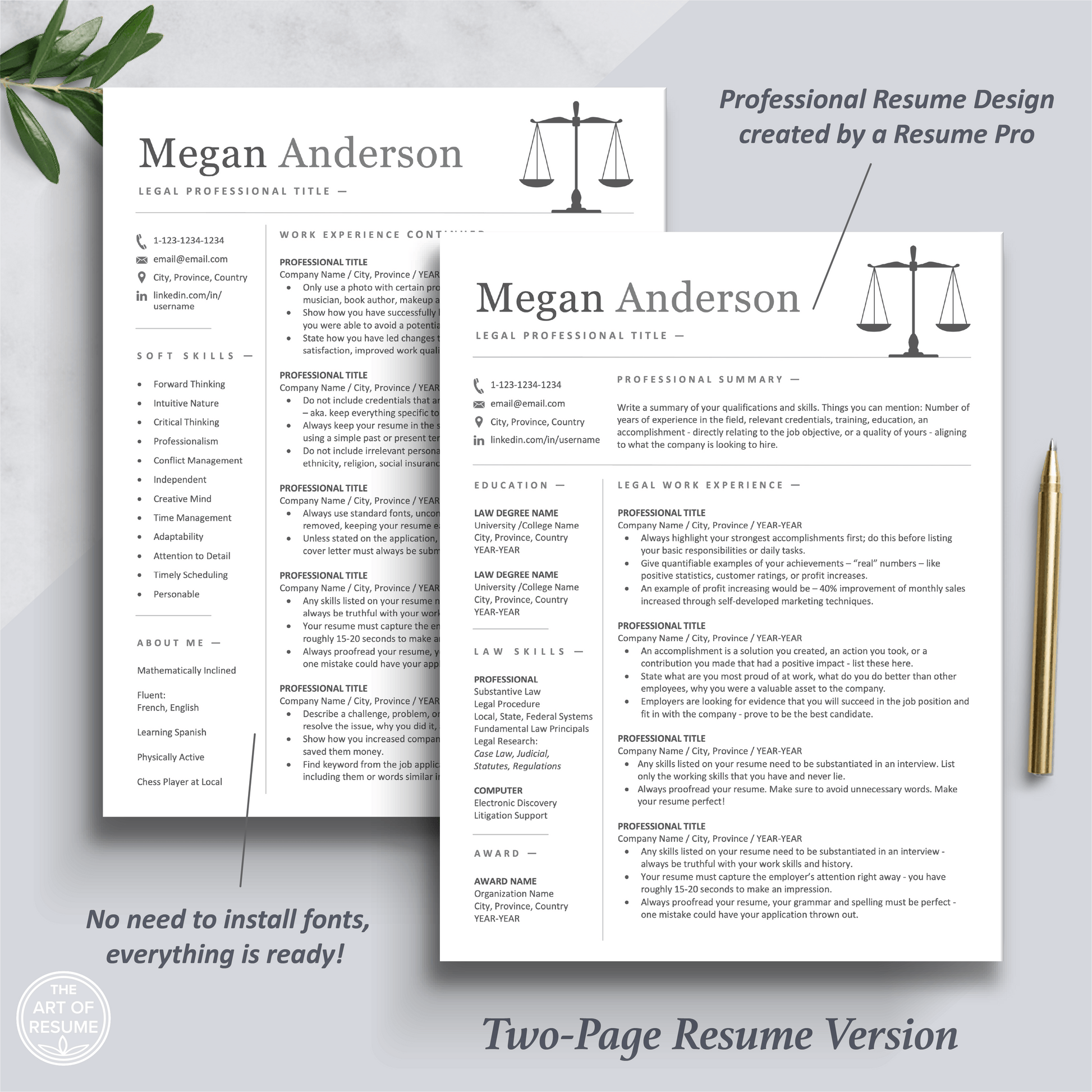 The Art of Resume Templates | Two Page Professional Legal Law Lawyer  Executive Resume CV Template | Curriculum Vitae