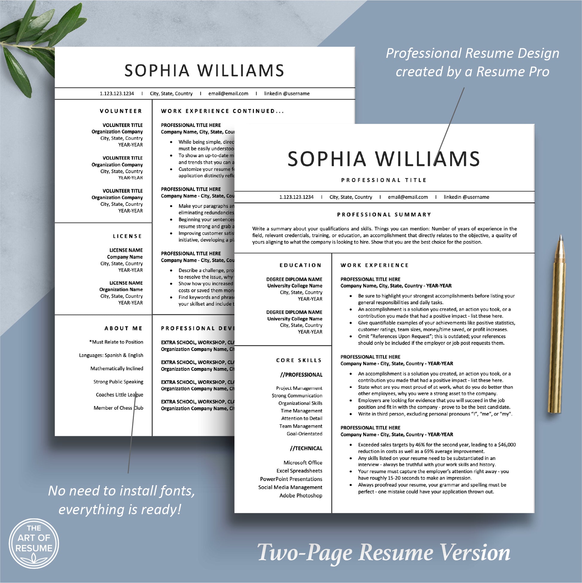 The Art of Resume Templates | Two Page Professional Modern  Resume CV Template | Curriculum Vitae