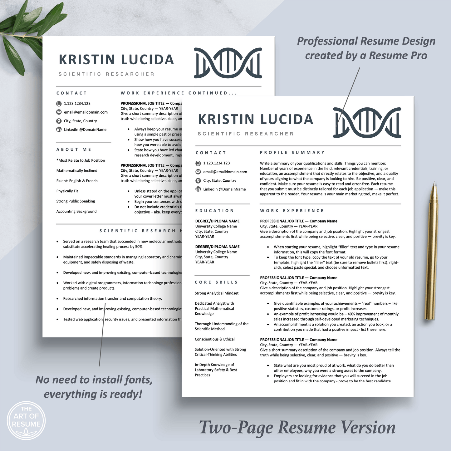 The Art of Resume Templates | Two Page Scientist, Biochemist, Lab Researcher, Student, Teacher DNA Helix  Executive Resume CV Template | Curriculum Vitae