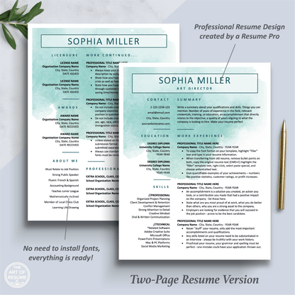The Art of Resume Templates | Two Page  Creative Teal Blue Watercolor  Executive Resume CV Template | Curriculum Vitae