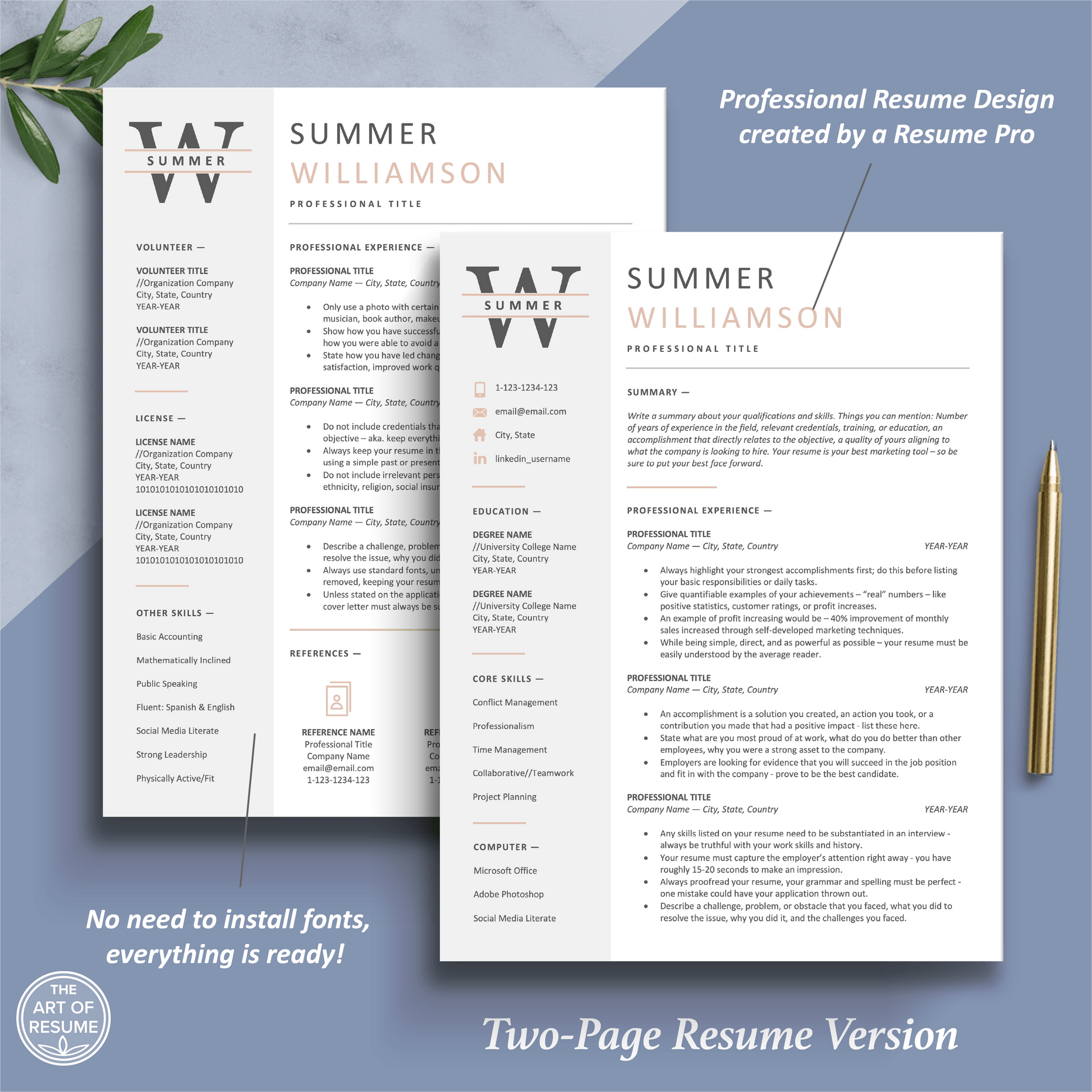 The Art of Resume Templates | Two Page Professional Pink and Grey Executive Resume CV Template | Curriculum Vitae