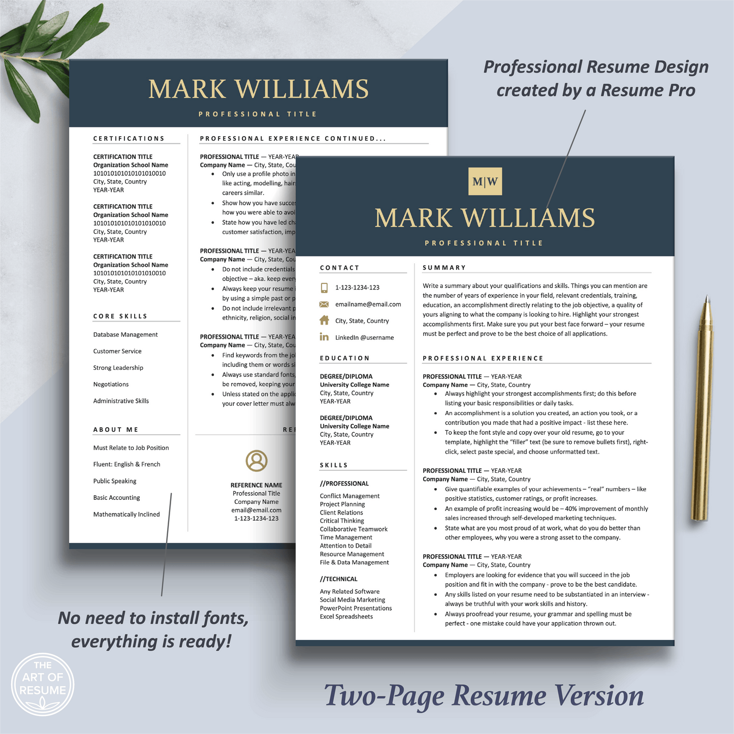 The Art of Resume Templates | Two-Page Modern  Navy Blue Executive Resume CV Template | Curriculum Vitae