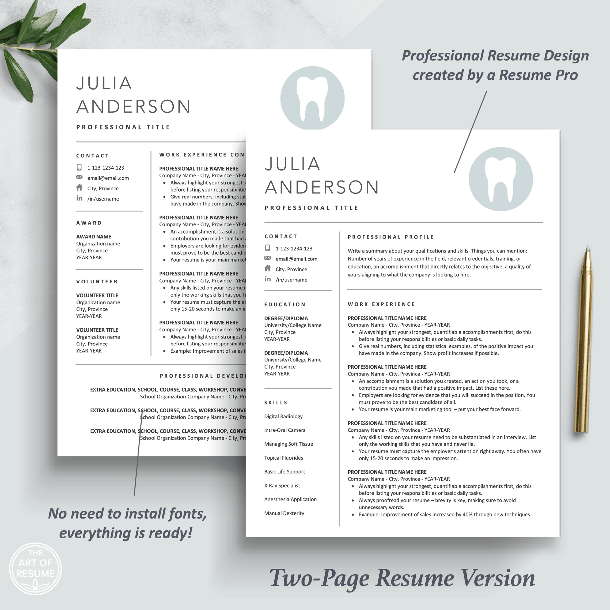 The Art of Resume Templates | Two Page Dentist, Hygienist, Dental Student, Assistant Executive Resume CV Template | Curriculum Vitae