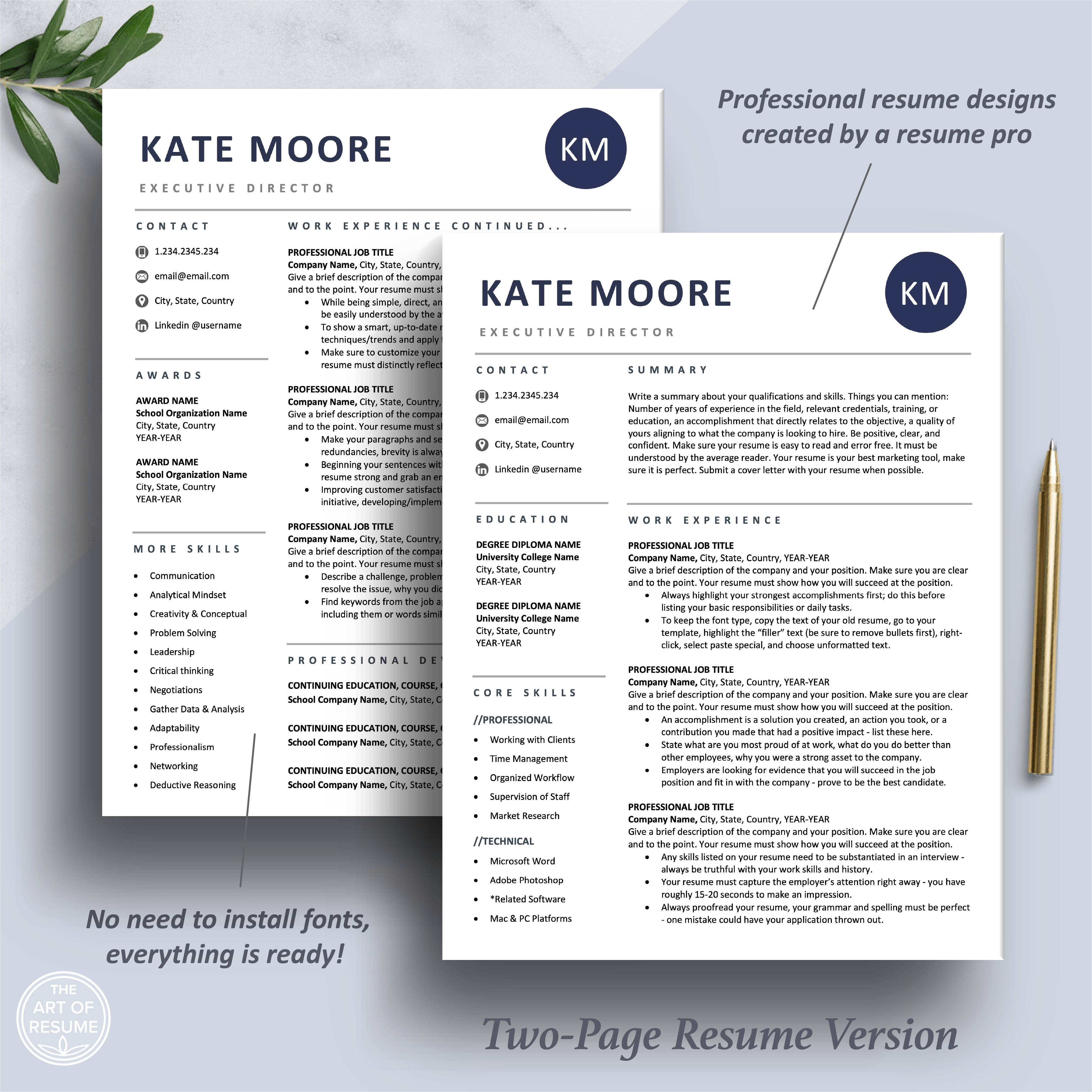 Professional Navy Blue Resume Template Design | Free Cover Letter – The ...