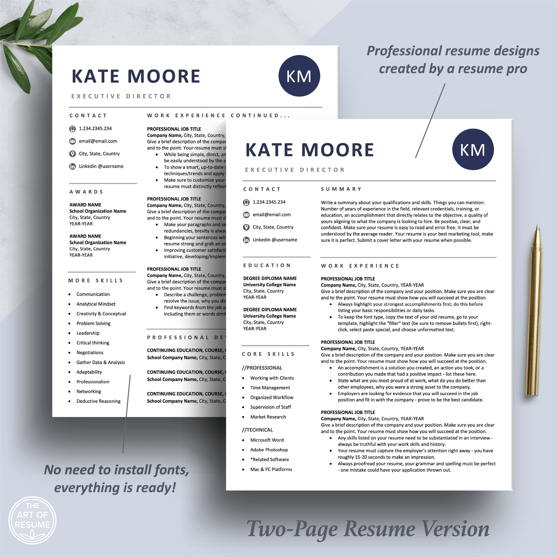 Professional Resume Template | Navy Blue CV Template Design - The Art of Resume