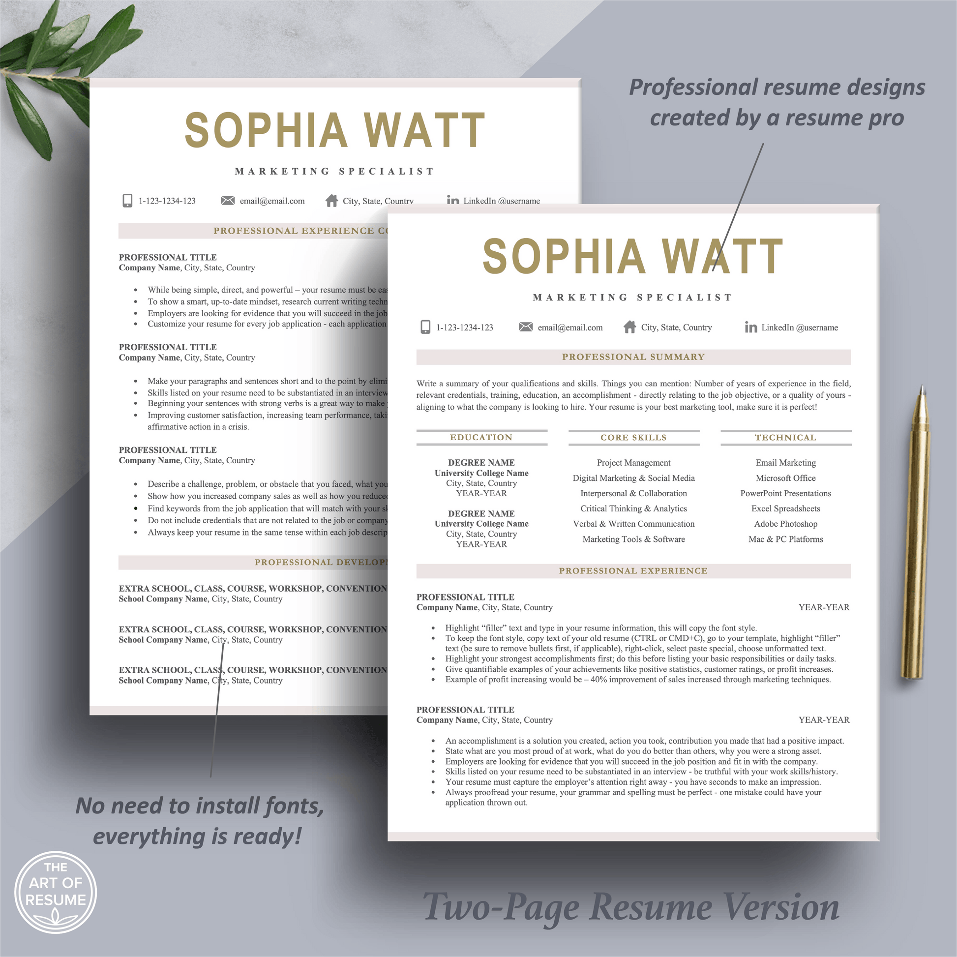 The Art of Resume | Pink Resume Template Design Bundle | Two Page Resume Format