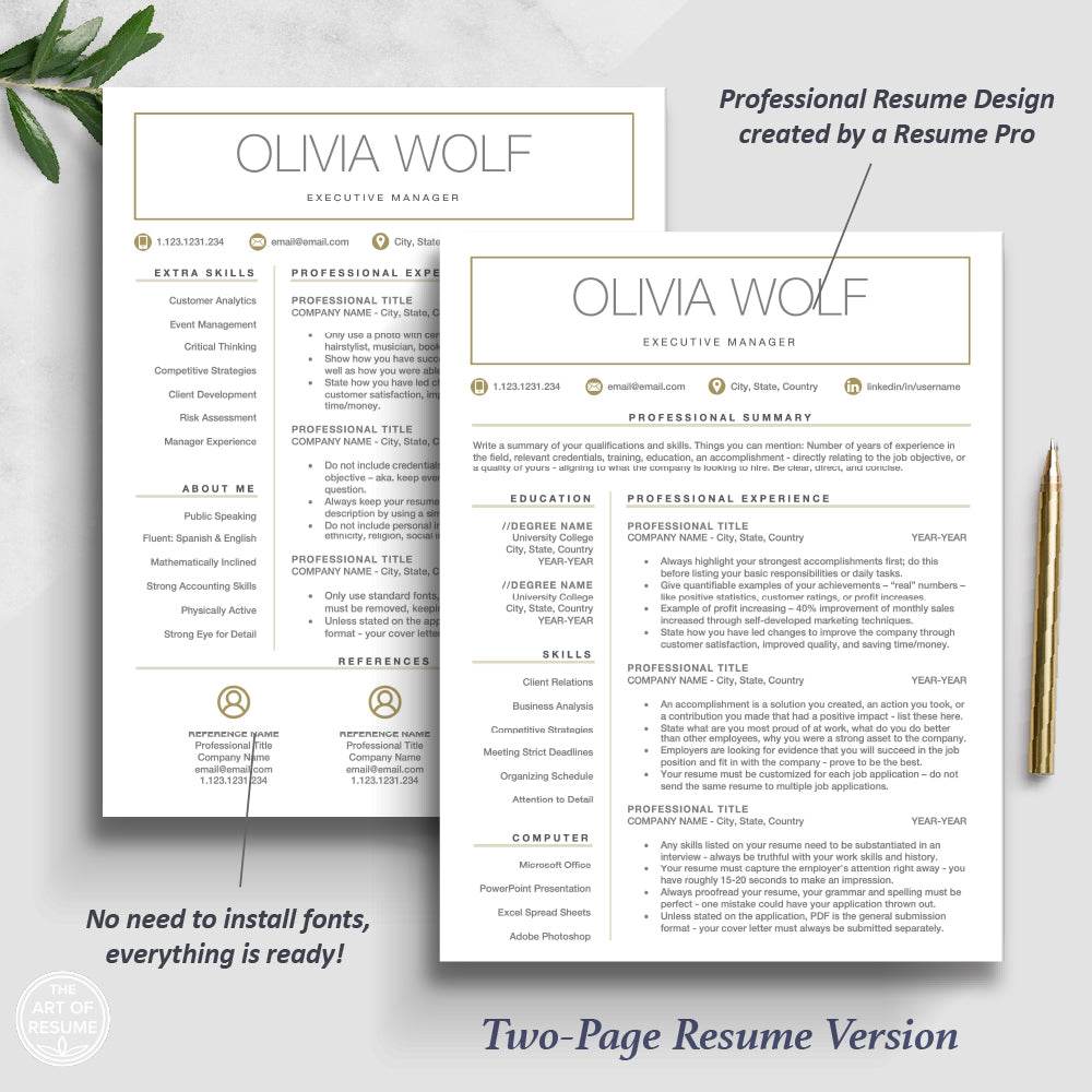The Art of Resume Templates | Two-Page Modern Executive Resume CV Design Template Builder Maker | Curriculum Vitae