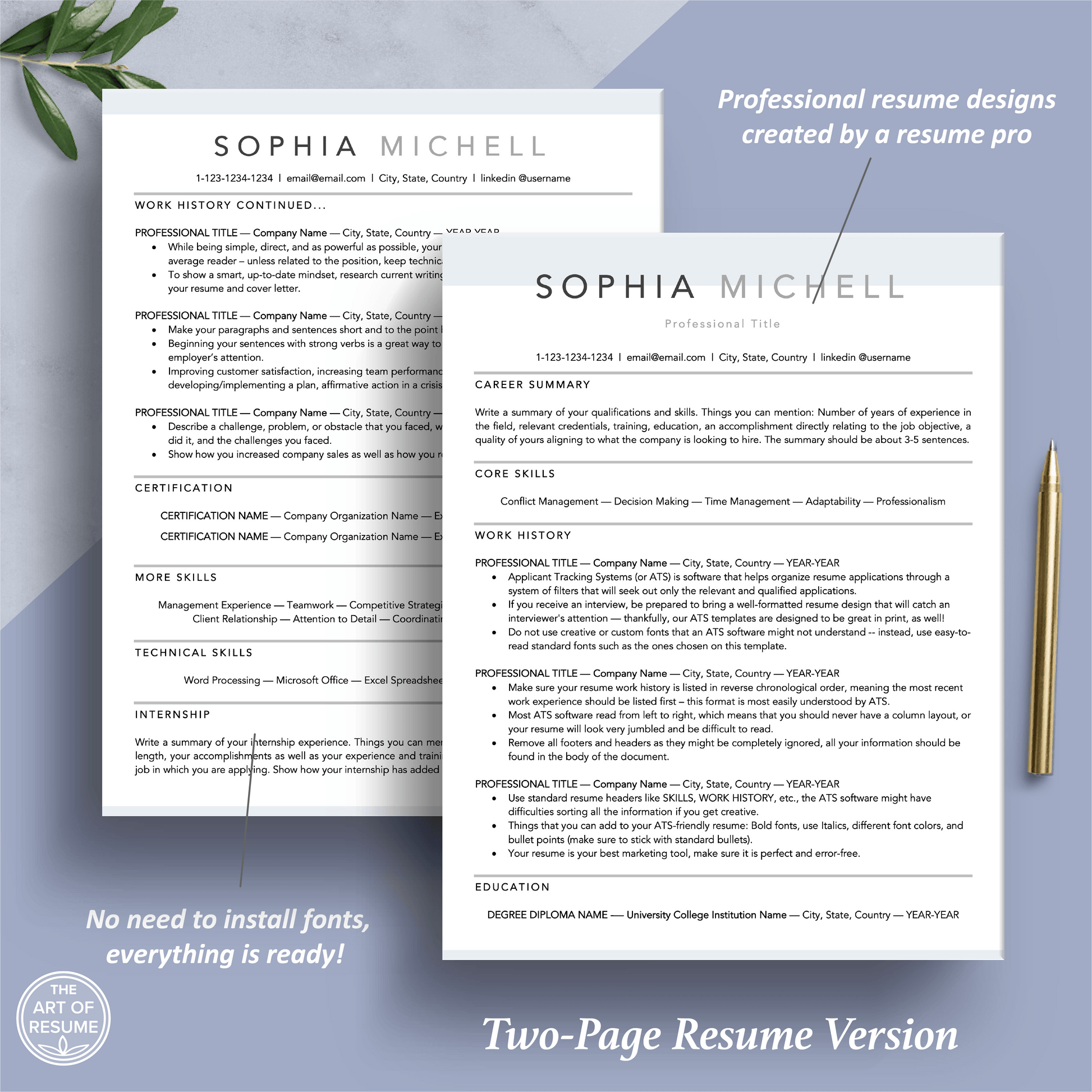 The Art of Resume Templates | Two Page Professional Simple Executive Resume CV Template | Curriculum Vitae