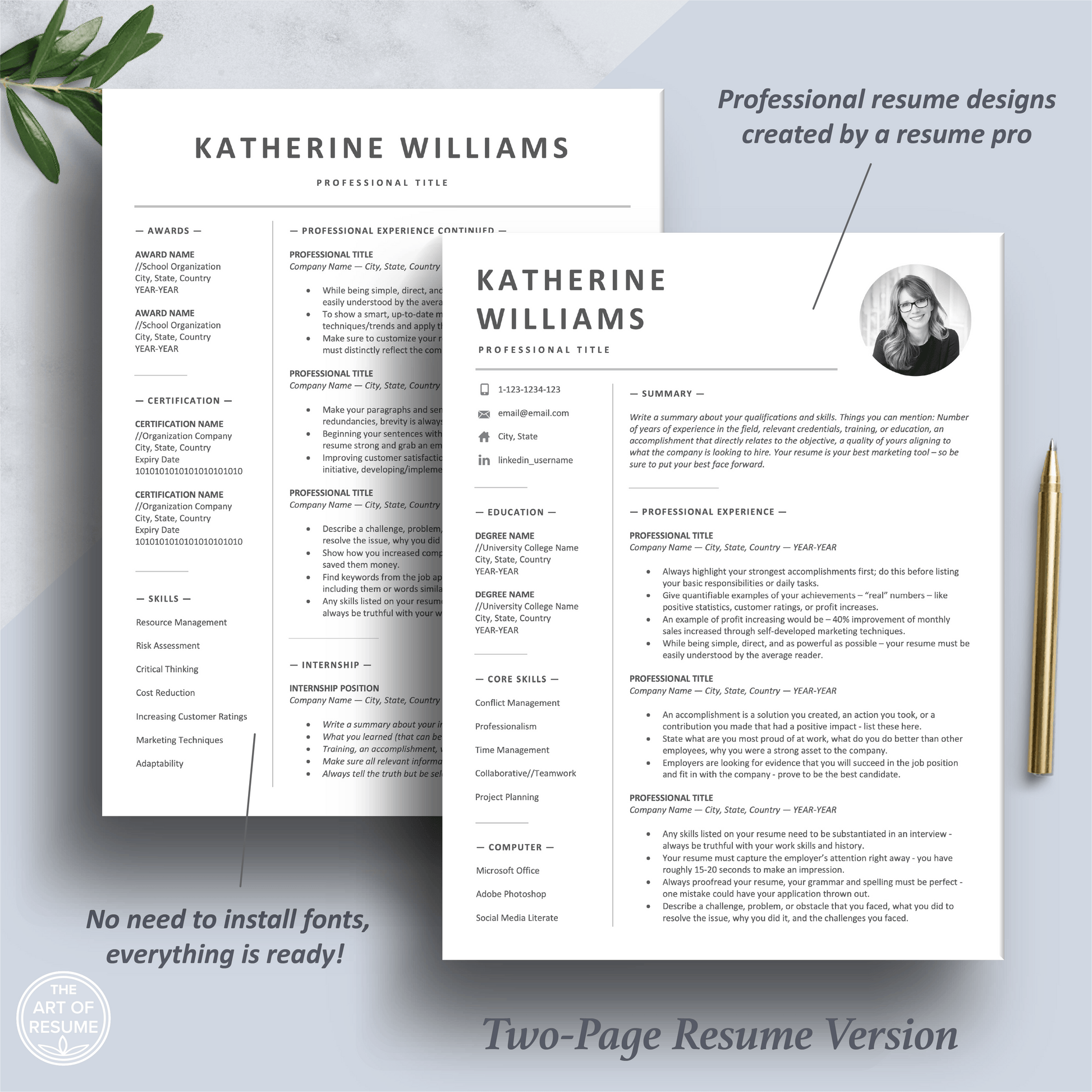 The Art of Resume | Professional Resume with Photo Template | 2 Page Resume Format